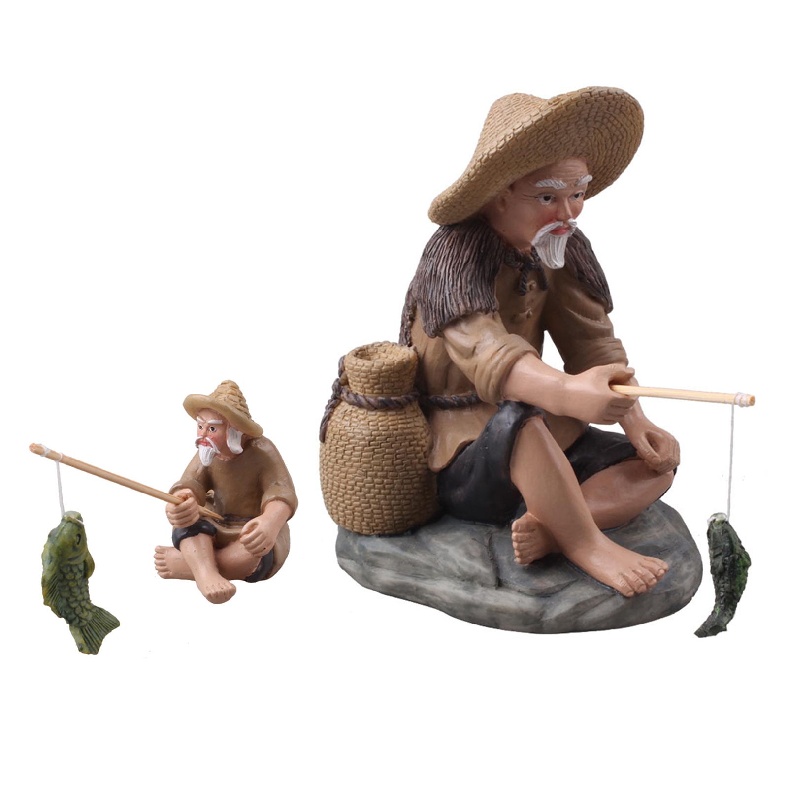 Bonsai Garden Mini - ミニチュア漁師の置物、レジン製の彫像、アンティーク調の釣りモチーフ、マイクロランドスケープや盆栽の装飾に。庭や家庭でのギフトにも最適。